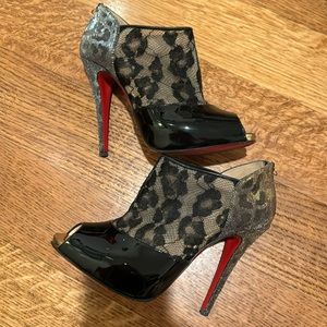 Christian Louboutin black lace booties with patent leather peep toe and metallic